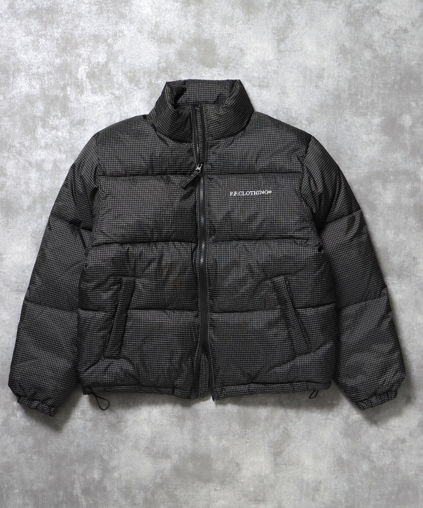スタンドパファー中綿ダブルジップジャケット / ダウンライク ジャケット 刺繍 チェック 中綿 ドローコード 柄80