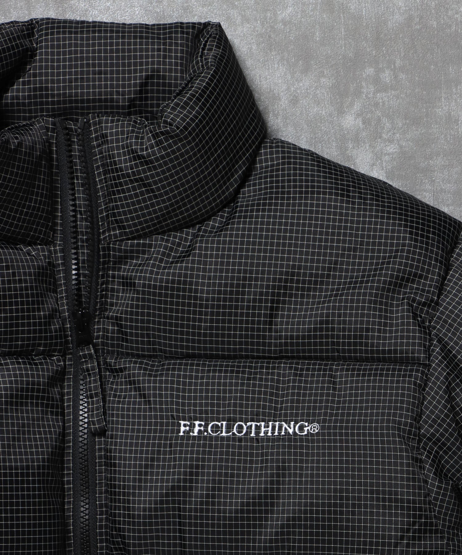 スタンドパファー中綿ダブルジップジャケット / ダウンライク ジャケット 刺繍 チェック 中綿 ドローコード 柄80