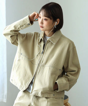 袖切り替えデニムJK / ジャケット デニム ジップ リベット ライトアウター 刺繍【セットアップ対応】 ベージュ