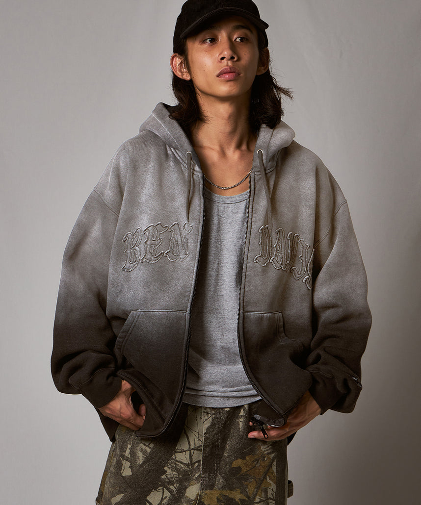 LETTERS FADED ZIP HOODIE / オーバーサイズ 裏起毛 パーカー ジップ フード ヴィンテージライク ブラック系