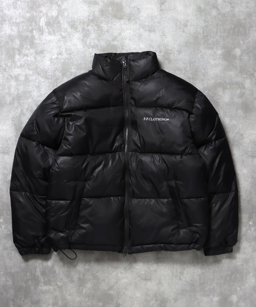 スタンドパファー中綿ダブルジップジャケット / ダウンライク ジャケット 刺繍 チェック 中綿 ドローコード ブラック