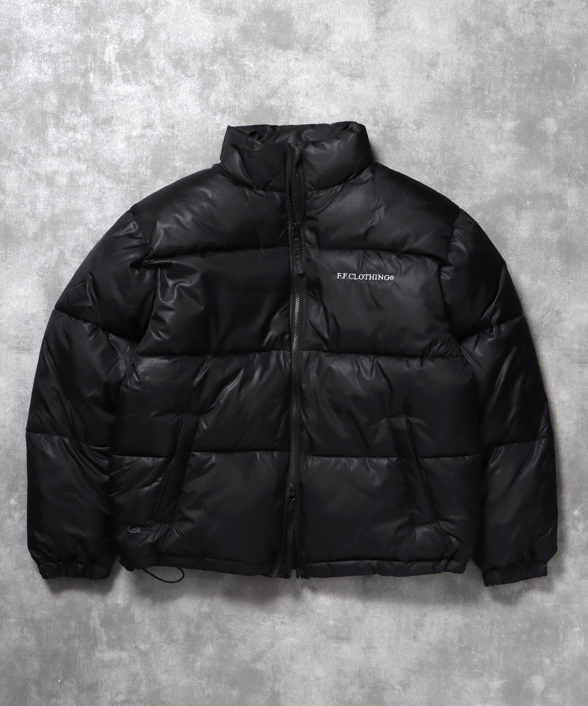 スタンドパファー中綿ダブルジップジャケット / ダウンライク ジャケット 刺繍 チェック 中綿 ドローコード ブラック