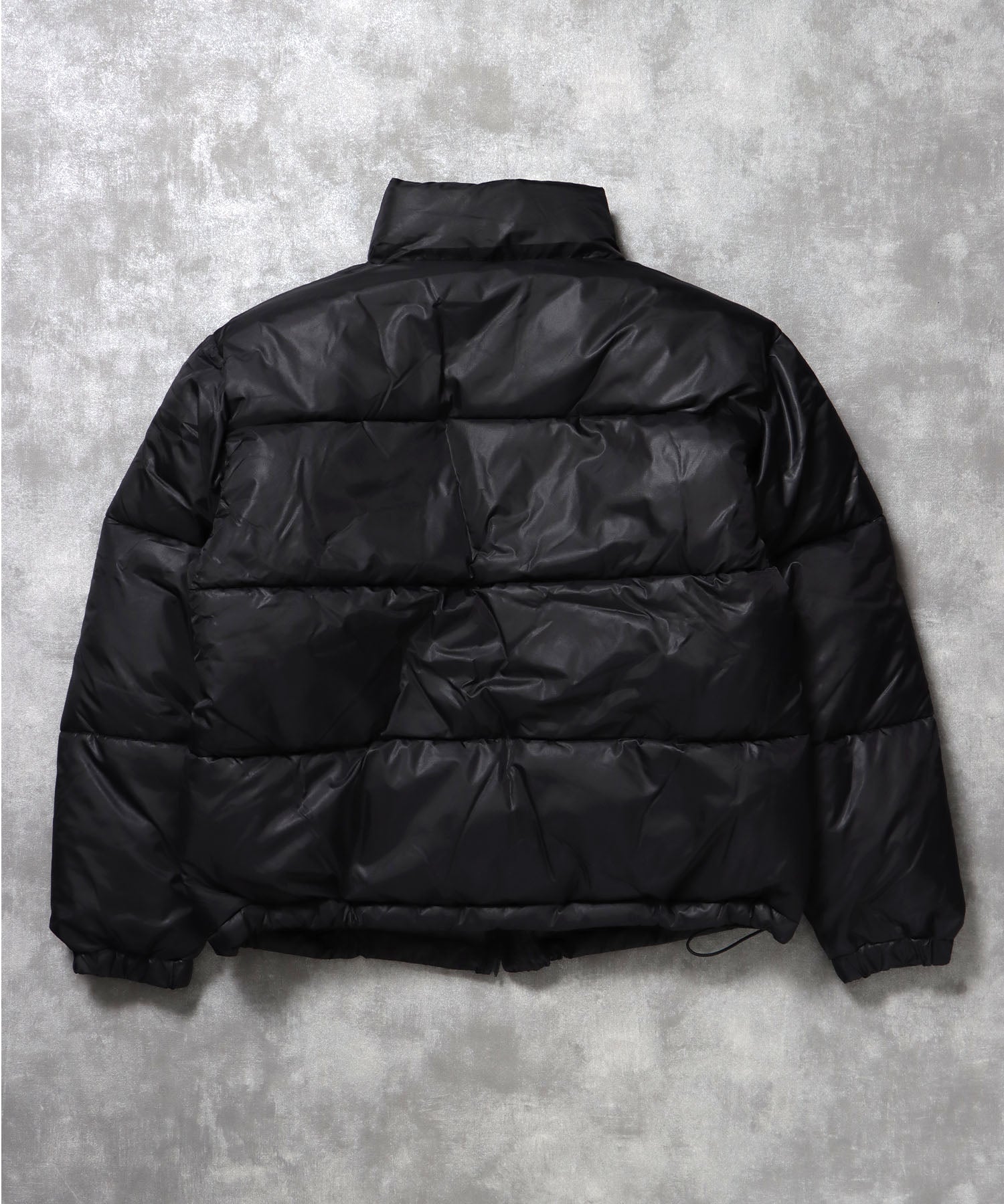 スタンドパファー中綿ダブルジップジャケット / ダウンライク ジャケット 刺繍 チェック 中綿 ドローコード ブラック