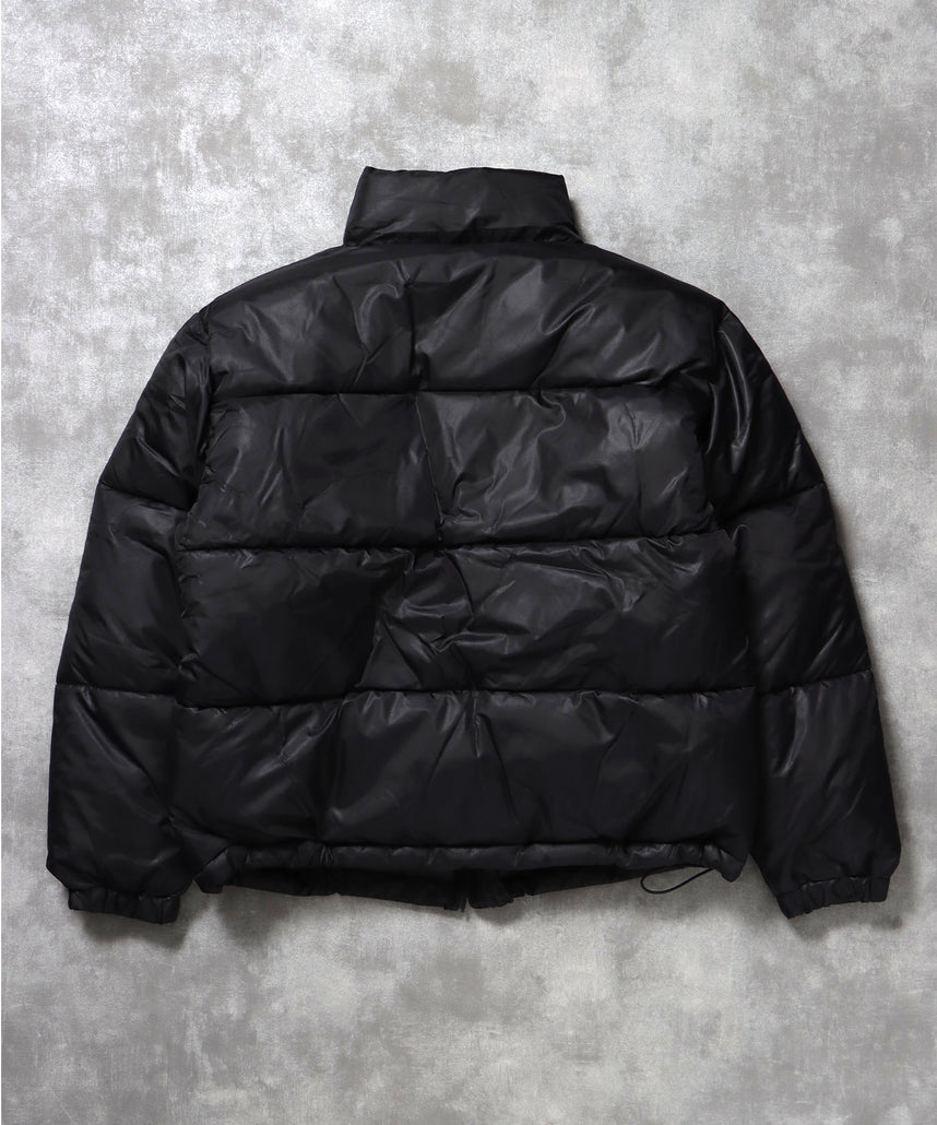 スタンドパファー中綿ダブルジップジャケット / ダウンライク ジャケット 刺繍 チェック 中綿 ドローコード ブラック