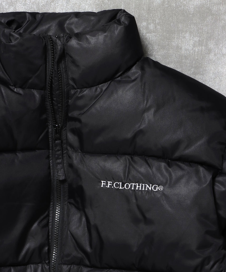 スタンドパファー中綿ダブルジップジャケット / ダウンライク ジャケット 刺繍 チェック 中綿 ドローコード ブラック