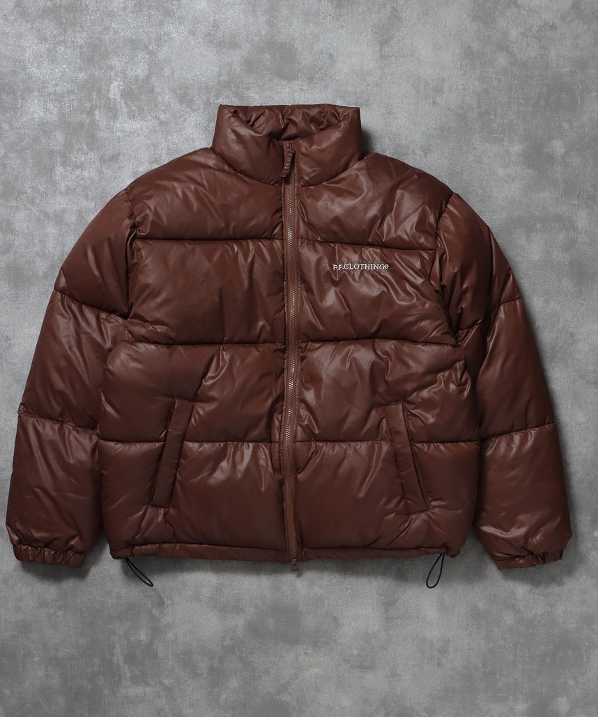 スタンドパファー中綿ダブルジップジャケット / ダウンライク ジャケット 刺繍 チェック 中綿 ドローコード ブラウン
