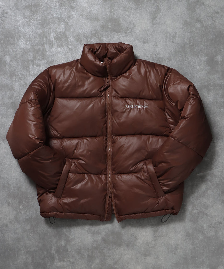 スタンドパファー中綿ダブルジップジャケット / ダウンライク ジャケット 刺繍 チェック 中綿 ドローコード ブラウン