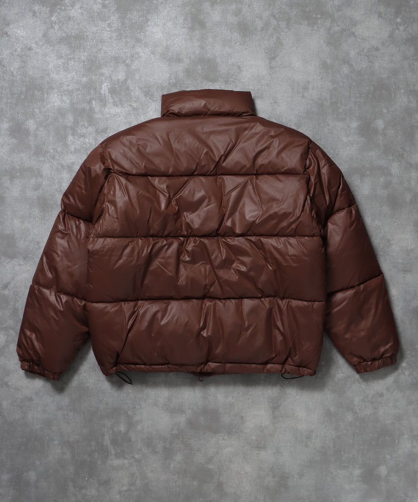 スタンドパファー中綿ダブルジップジャケット / ダウンライク ジャケット 刺繍 チェック 中綿 ドローコード ブラウン