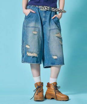 ※WEB限定 / ダメージデニムショートパンツ / sqnzU double knee denim shorts ネイビー