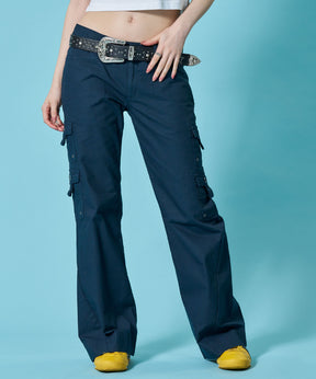※WEB限定 / レディースフレアカーゴパンツ / sqnz eyelet low-rise pants ダークネイビー