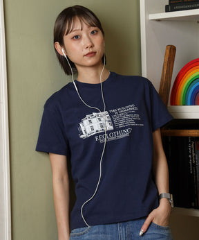 メッセージロゴショート丈Tシャツ / Tシャツ クルーネック 半袖 刺繍 花柄 【短丈】 ネイビー