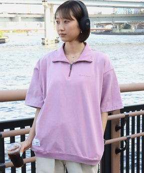 VNTG 1/4 TOP / ハーフジップ 半袖 加工 ワンポイント 刺繍 シンプル ピンク