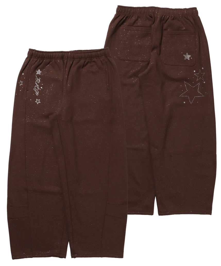 sqnz glitter sweat pants / グリッター スウェットパンツ ラインストーン ドローストリング ポケット 裏起毛 【セットアップ着用可能】 モカ