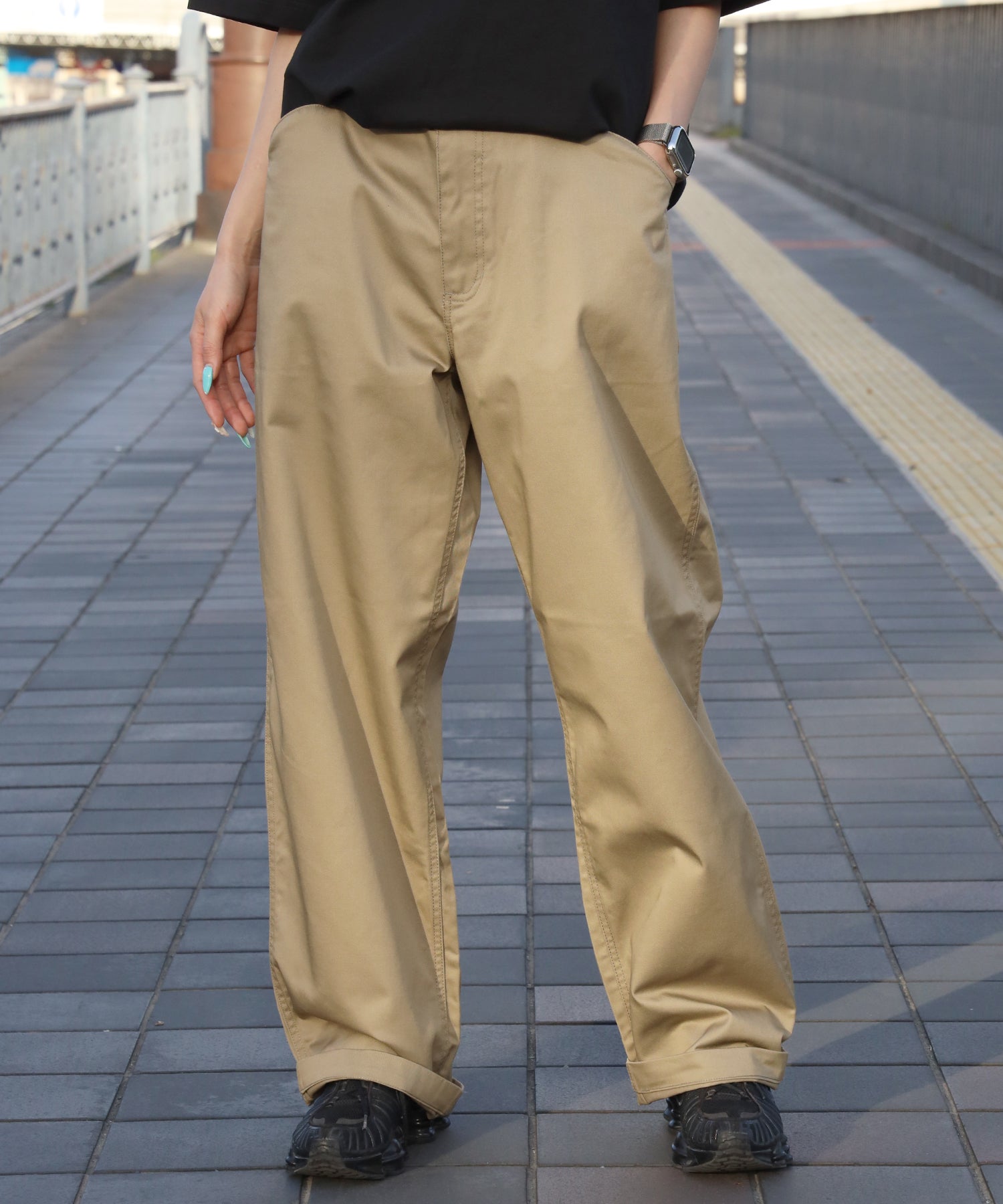 BA01 LITE WORK PANTS / パンツ ボトムス カーブ ワイド ワンポイント ツイル ベージュ