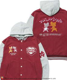 TJ HOODED STADIUM JACKET / 2WAY スタジャン フード取り外し可能 ドロップショルダー ワッペン 刺繍 ワイン