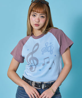 ※WEB限定 sqnz treble clef pt tee / レディース 半袖 クルーネック プリント ラグラン ピチT ちびT ブラウン