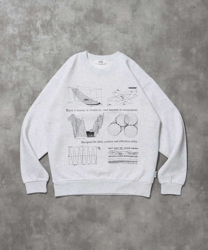 ヘビーウエイト線画プリントスウェット / 裏起毛 スウェット クルーネック ワンポイント プリント アッシュグレー