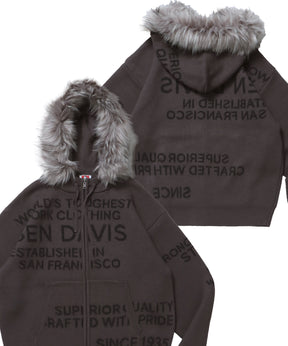 FAUX FUR TRIM KNIT JACKET / オーバーサイズ ニット ファー ジップパーカー フーディ ダブルジップ チャコール