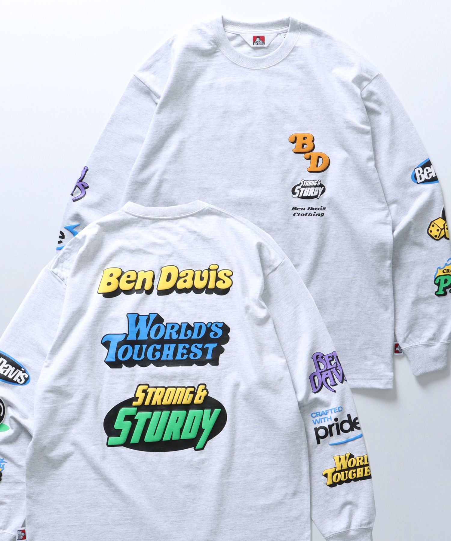 【BEN DAVIS / ベンデイビス】 発泡 袖 バック フロント プリント ラグラン ロンT オフホワイト