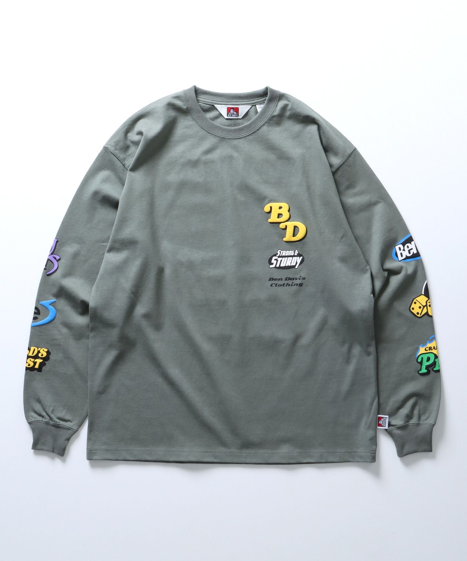 【BEN DAVIS / ベンデイビス】 発泡 袖 バック フロント プリント ラグラン ロンT カーキ