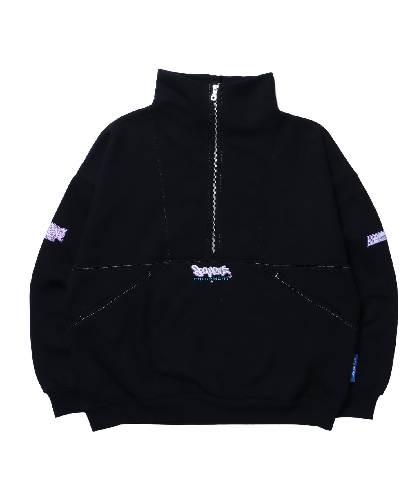 90s 1/2 ZIP SWEAT / 裏起毛 オーバーサイズ プルオーバー スウェット ルーズシルエット ハーフジップ 刺繍 ポケット ジップアップ セットアップ ブラック ≪SET UP着用可能≫