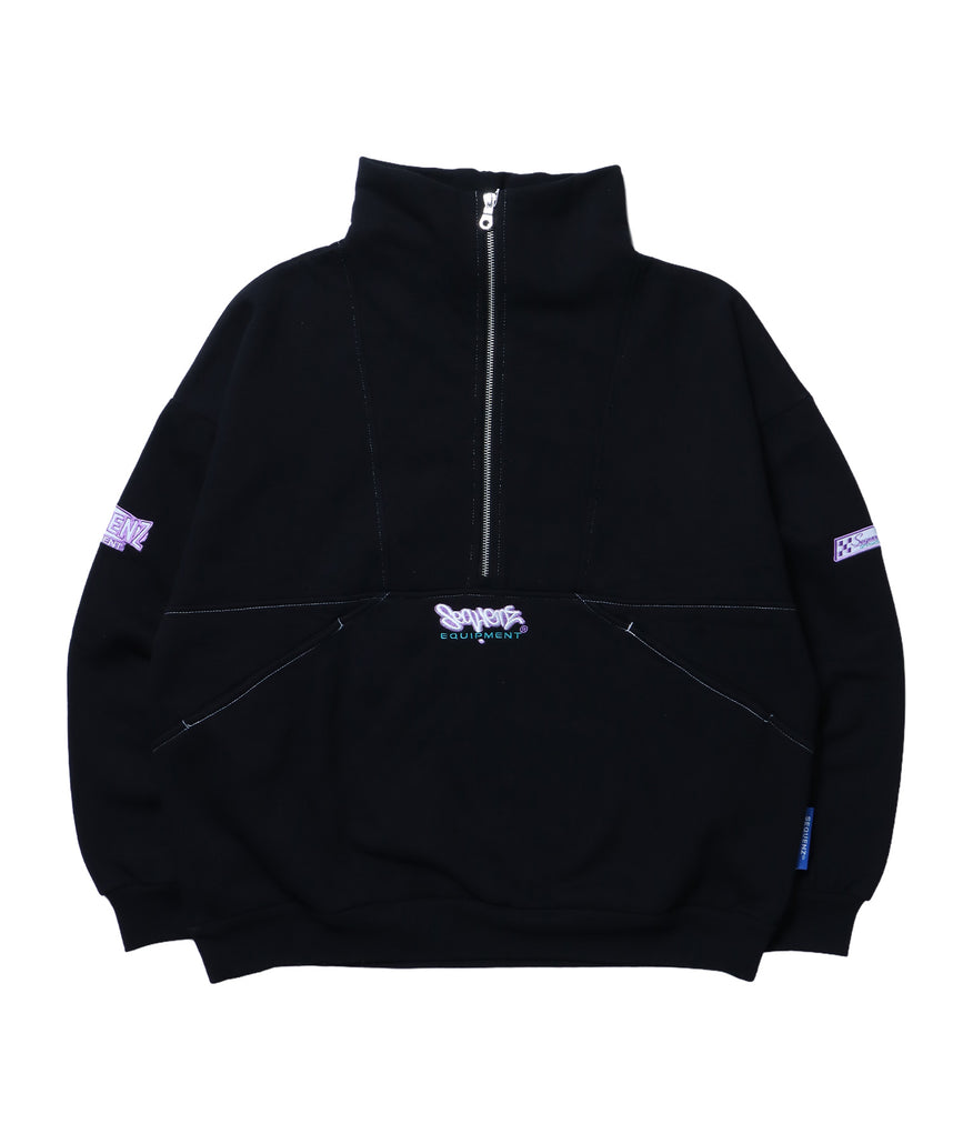 90s 1/2 ZIP SWEAT / 裏起毛 オーバーサイズ プルオーバー スウェット ルーズシルエット ハーフジップ 刺繍 ポケット ジップアップ セットアップ ブラック ≪SET UP着用可能≫
