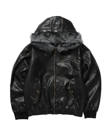 FUR PU HOODIE JKT / フェイクレザー ジャケット ファー 中綿 ダブルジップ フーディ ブラック
