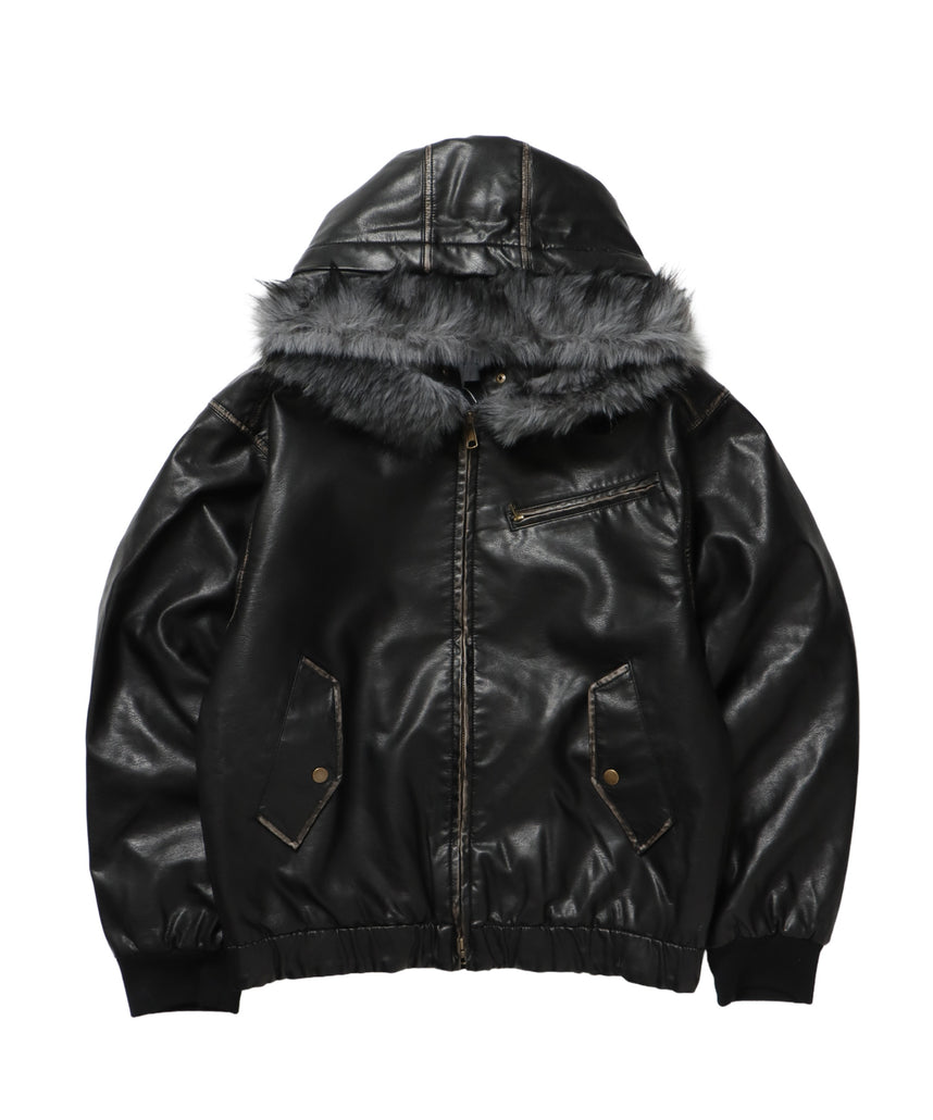 FUR PU HOODIE JKT / フェイクレザー ジャケット ファー 中綿 ダブルジップ フーディ ブラック