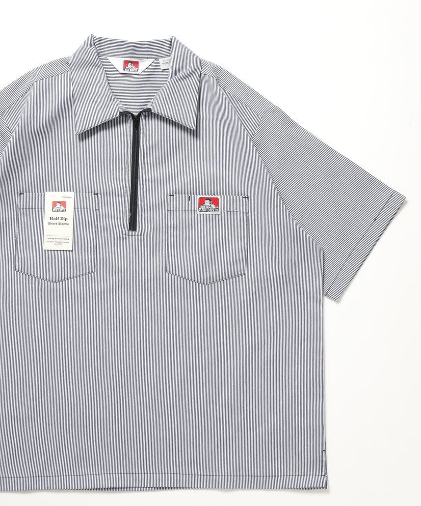 1/2ZIP S/S SHIRT / ハーフジップ シャツ 半袖 クルーネック ワンポイント ピス ワンポイント 【セットアップ着用可能】 ブルー