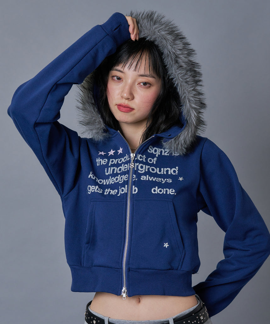 WEB限定 / レディース短丈ジップパーカー / sqnz fur zip pk ダーク