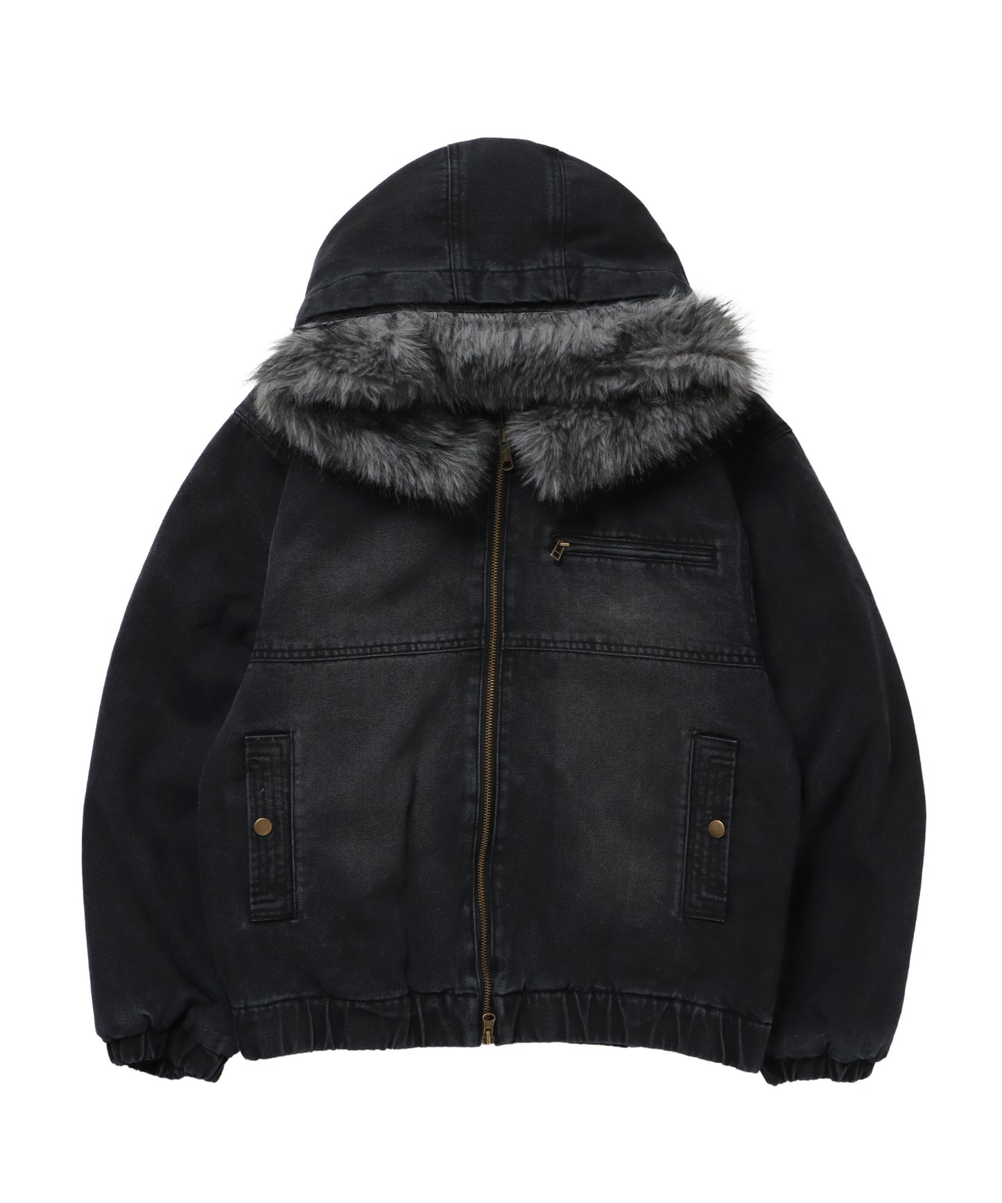 FUR DENIM HOODIE JKT / デニム ジャケット ファー 中綿 ダブルジップ フーディ ブラック