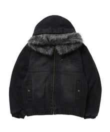FUR DENIM HOODIE JKT / デニム ジャケット ファー 中綿 ダブルジップ フーディ ブラック