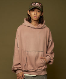 ONI-FADE BOXY HOODIE / 短丈 フェード オーバーサイズ ヴィンテージライク ステッチ 裏起毛 ピンク ≪SET UP着用可能≫