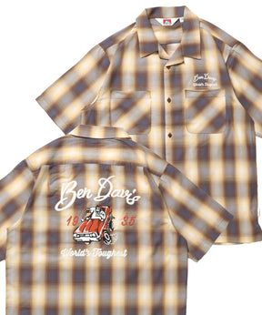 DRIVE EMB PLAID O/C SHIRT / 半袖 シャツ オープンカラー ヴィンテージライク オンブレチェック ブラウン