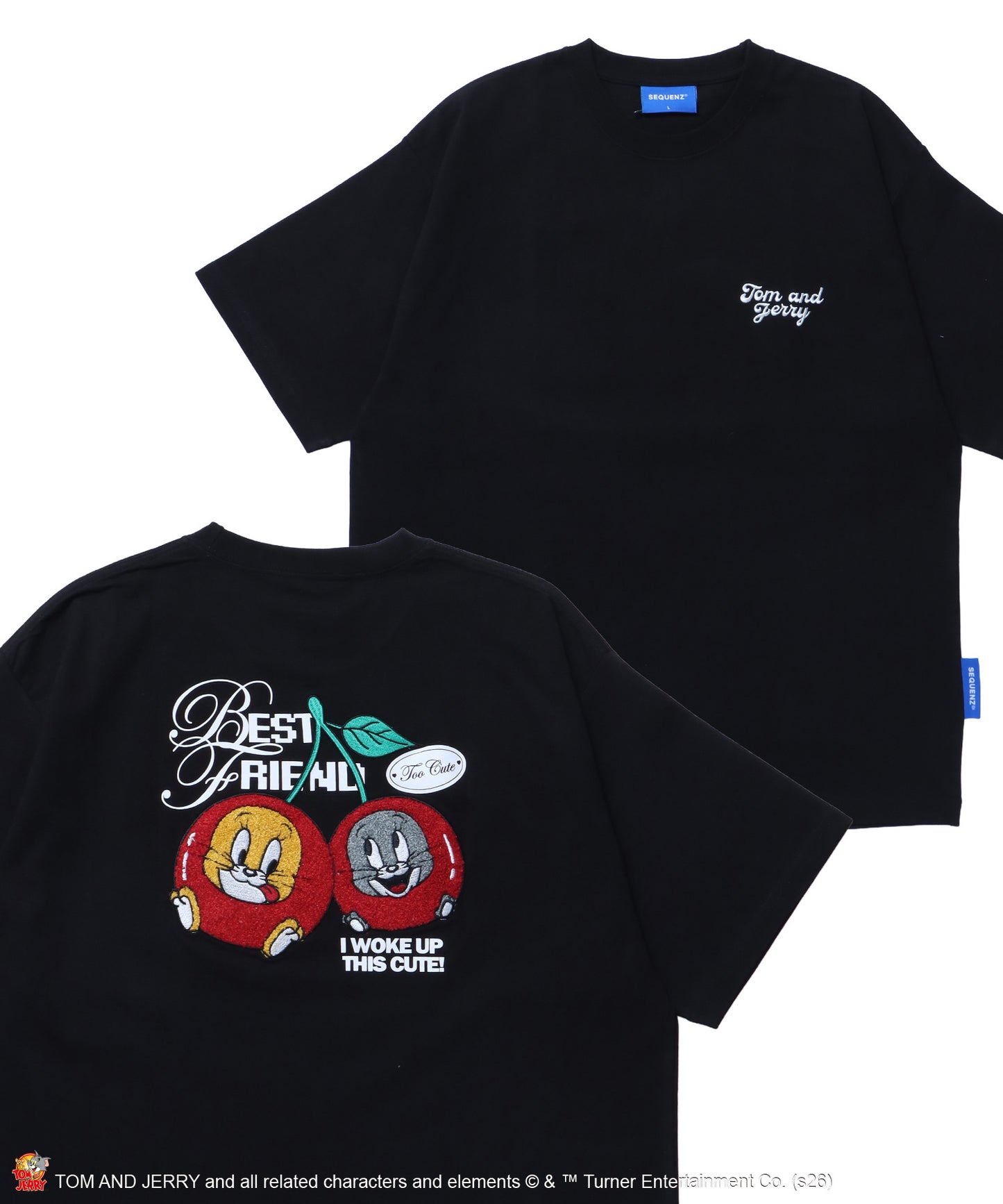 TJ CHERRY FLOCKY S/S TEE / トムとジェリー Tシャツ 半袖 クルーネック プリント 刺繍 オーバーサイズ ブラック