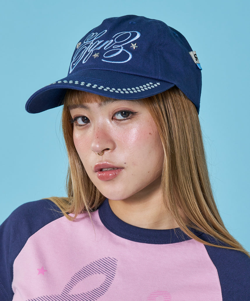 WEB限定 / ラインストーンロゴキャップ / sqnz studs cap ネイビー
