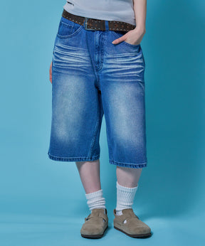 sqnz washed denim shorts / パンツ デニム ショーツ 刺繍 ワンポイント 加工 スタッズ ライトブルー