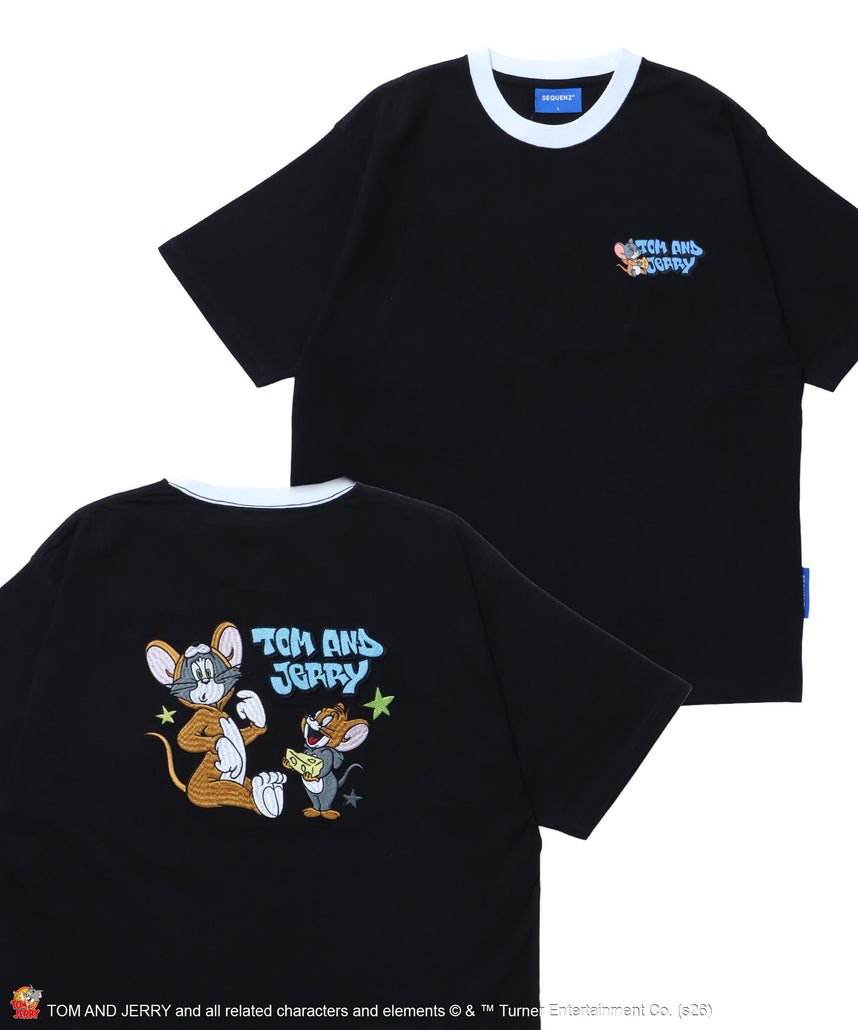 TJ COSTUME RINGER TEE / トムとジェリー リンガー Tシャツ 半袖 クルーネック 刺繍 オーバーサイズ ブラック