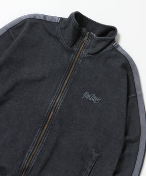 JERSEY LINE TRACK JACKET / ビッグシルエット フルジップ ヘビーウェイト 加工 刺繍 フーディ【短丈】 ブラック