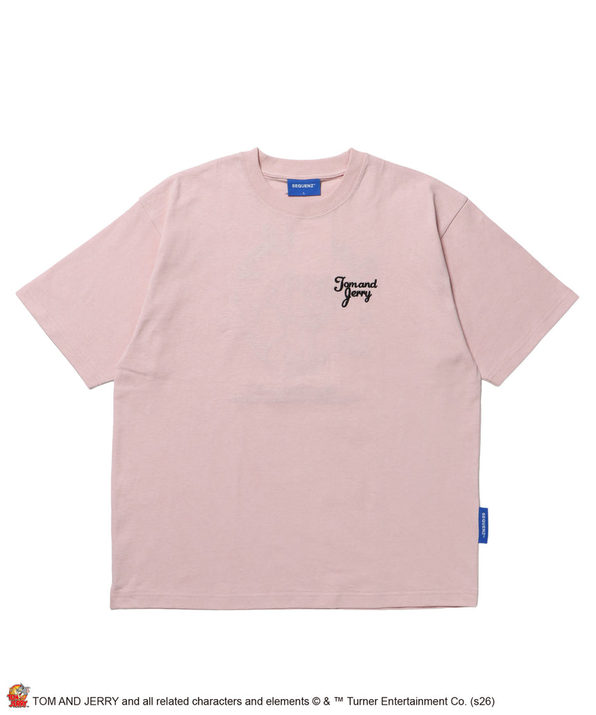 TJ GINGHAM DOG TEE / トムとジェリー 半袖 クルーネック 刺繍 ワンポイント ワッペン ユニセックス オーバーサイズ レイヤード ライトピンク