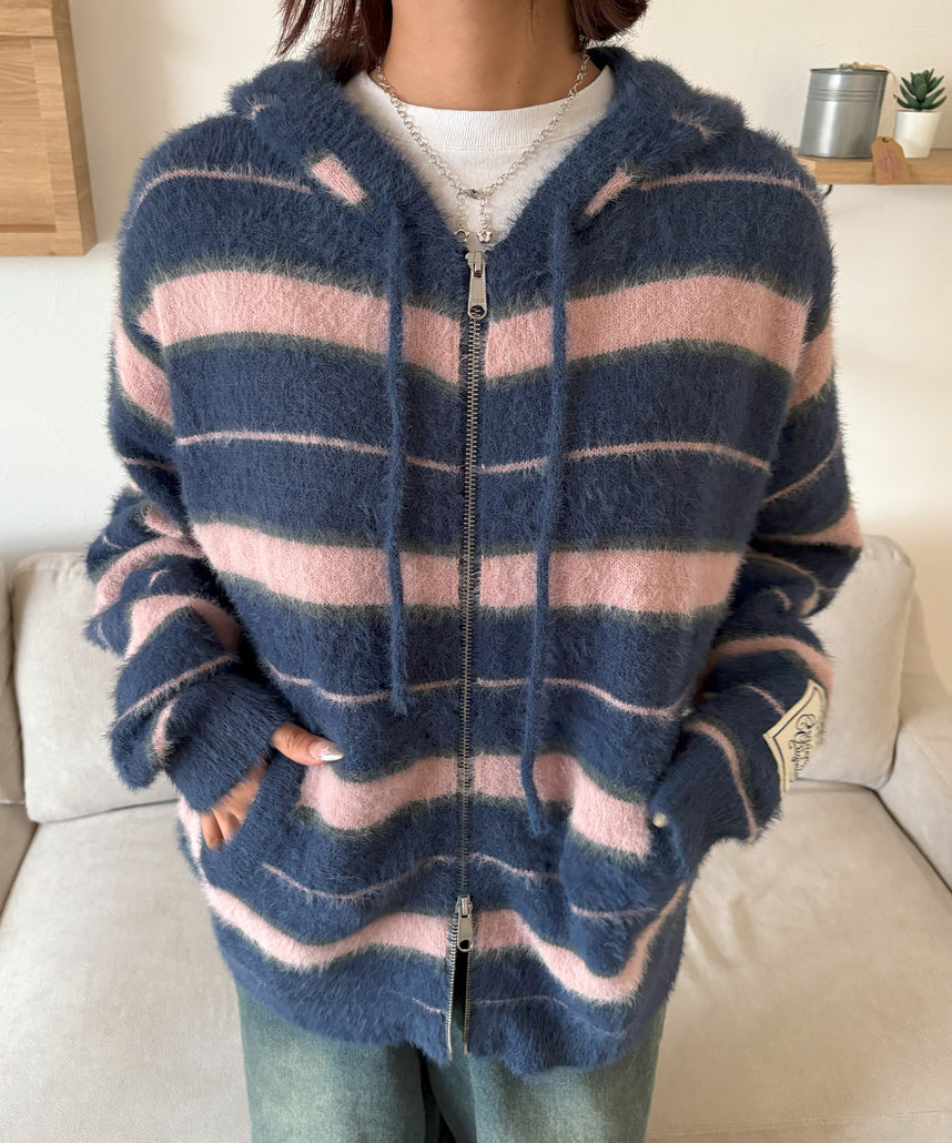 SEQUENZ(シークエンズ)】SHAGGY BORDER HOODIE ZIP / ボーダー