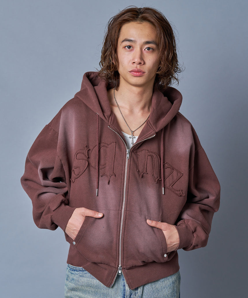 WEB限定 / 共地ワッペン裏起毛ジップパーカー / sqnz washed wappen