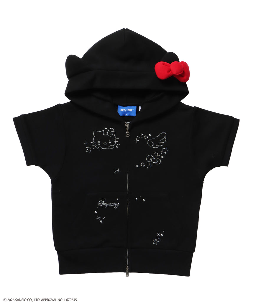 HK SHINING KITTY ZIPPK / 半袖 ジップパーカー フーディ ダブルジップ ラインストーン スウェット ブラック