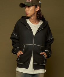 ONI-FADE BOXY ZIP HOODIE / 短丈 フェード オーバーサイズ ヴィンテージライク ステッチ 裏起毛 ブラック ≪SET UP着用可能≫