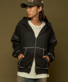 ONI-FADE BOXY ZIP HOODIE / 短丈 フェード オーバーサイズ ヴィンテージライク ステッチ 裏起毛 ブラック