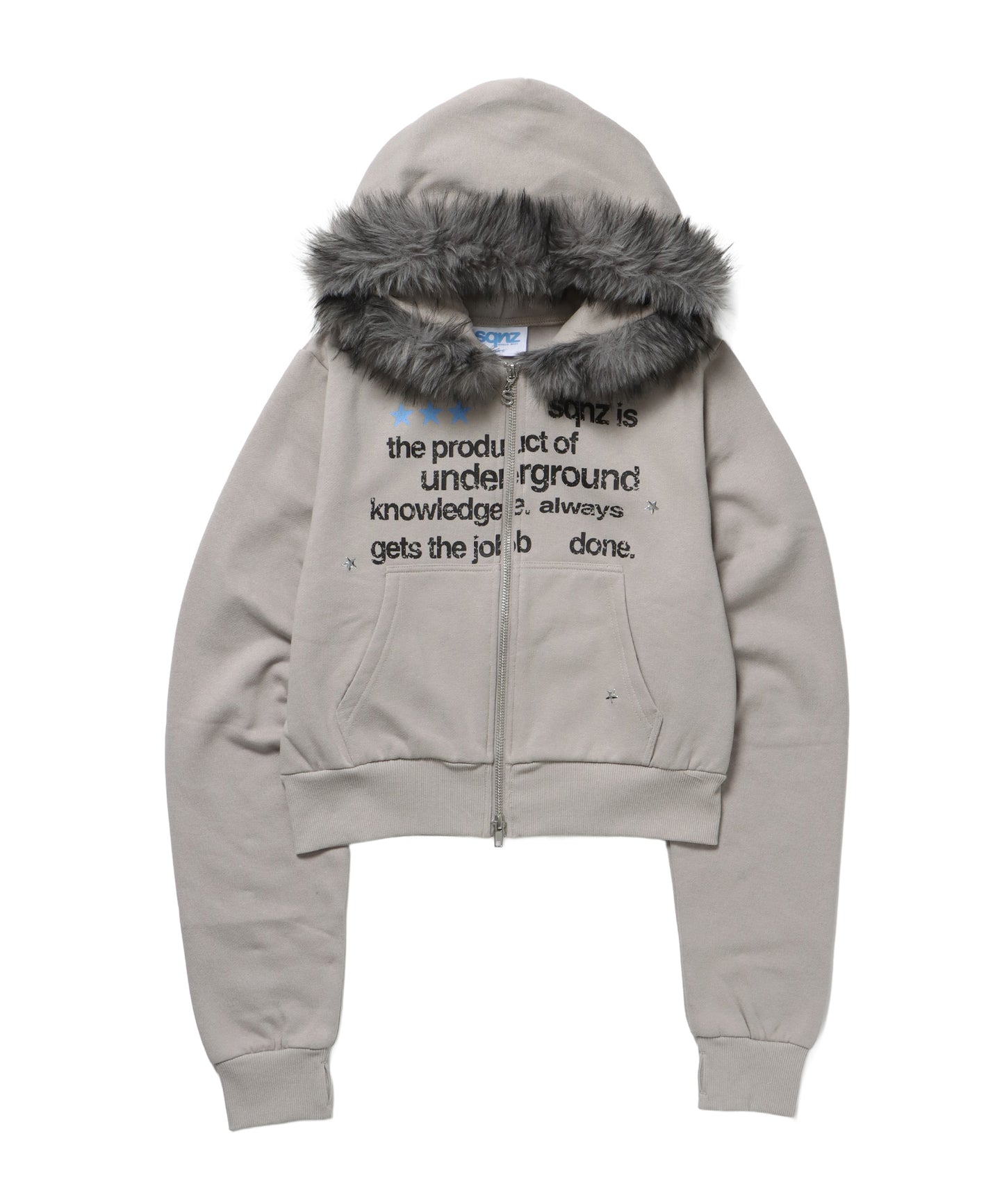 sqnz fur zip pk / レディース ファー ジップパーカー スタッズ 裏起毛 短丈 ダブルジップ ライトグレー
