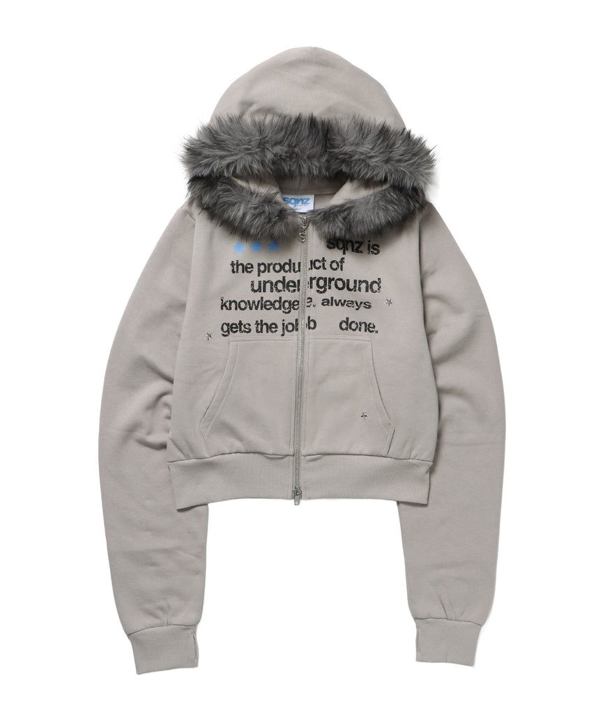 sqnz fur zip pk / レディース ファー ジップパーカー スタッズ 裏起毛 短丈 ダブルジップ ライトグレー