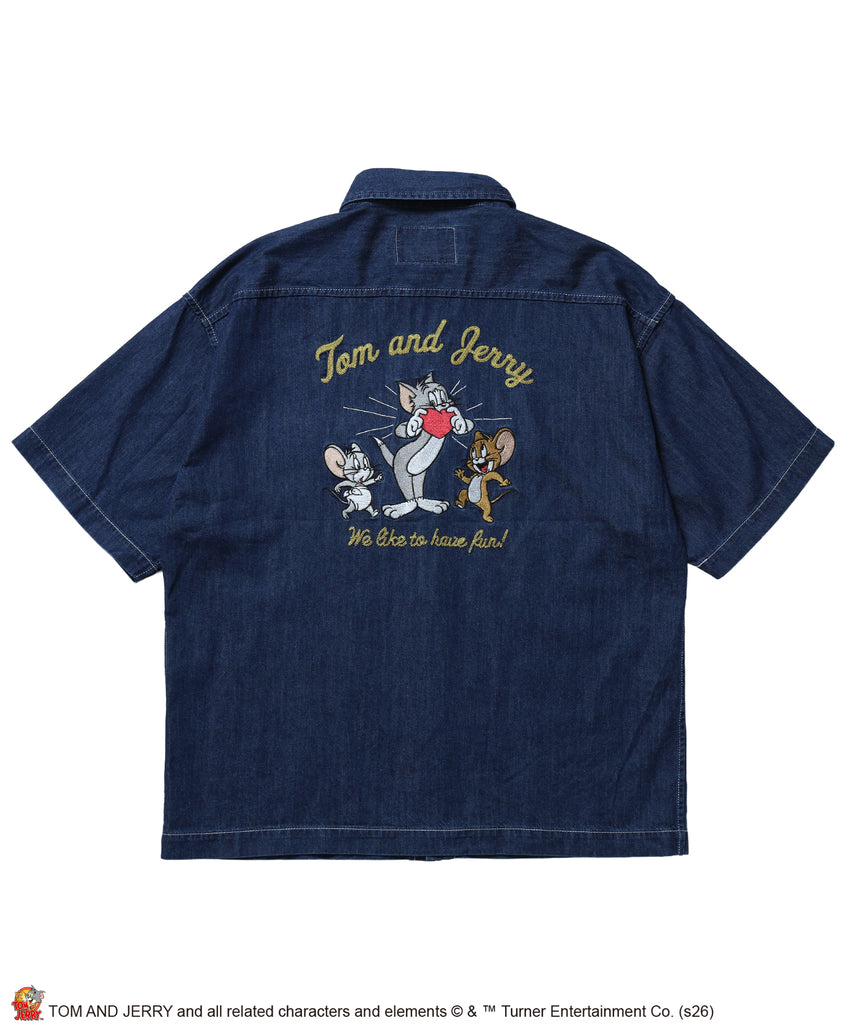 TJ EMB. DENIM SHIRTS / トムとジェリー シャツ オーバーサイズ 半袖 刺繍 ワンポイント プリント デニム ユニセックス 加工 ダークネイビー
