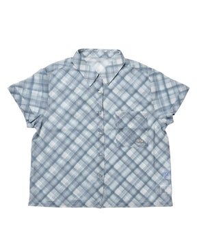 ≪予約商品≫sqnz sheer cheack shirts / 半袖 シャツ チェック レギュラーカラー メタルプレート ポケット ボタン ブルーグレー