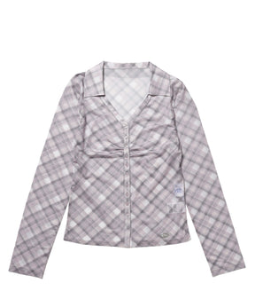 ≪予約商品≫sqnz sheer gather l/s shirts / 長袖 シャツ チェック シアー ギャザー メタルプレート ピンク